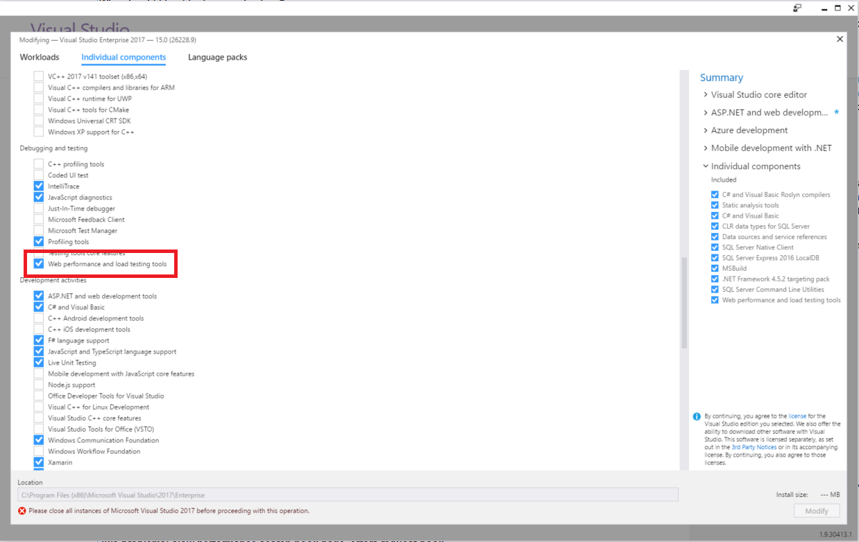 Visual Studio installer enable web performance and load testing tools
