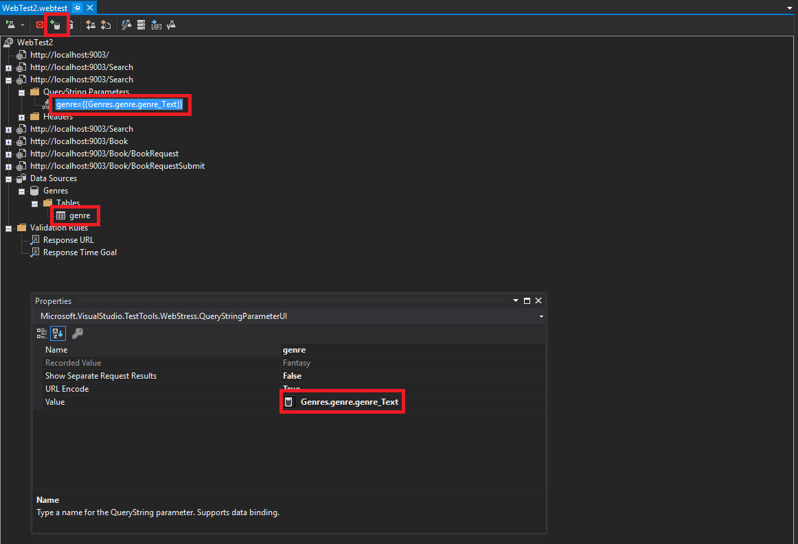 Visual Studio web test use datasource