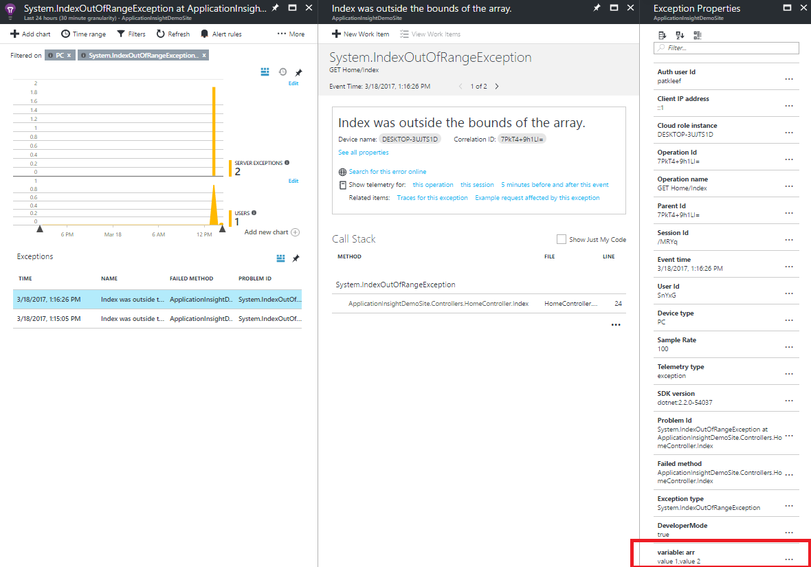 Application Insights exception detail information