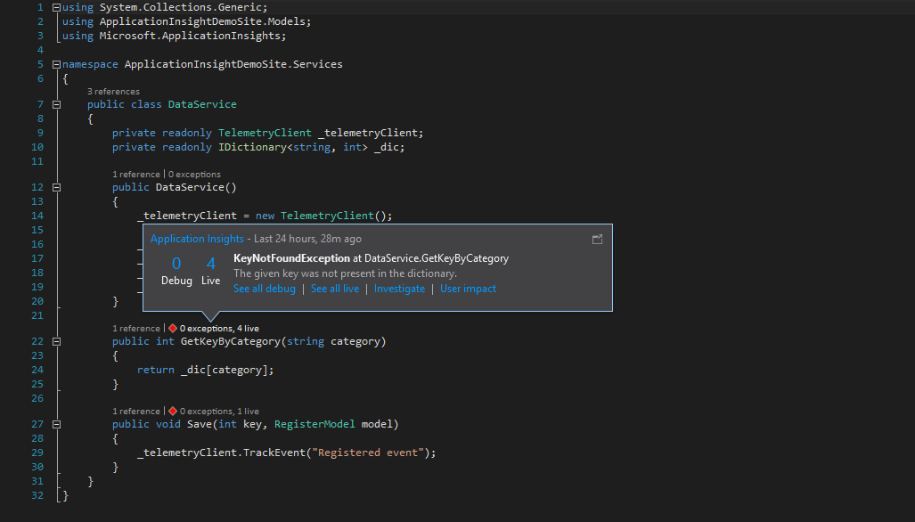 Application insights integrated in Visual Studio