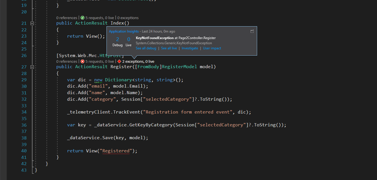 CodeLens Application Insights exceptions