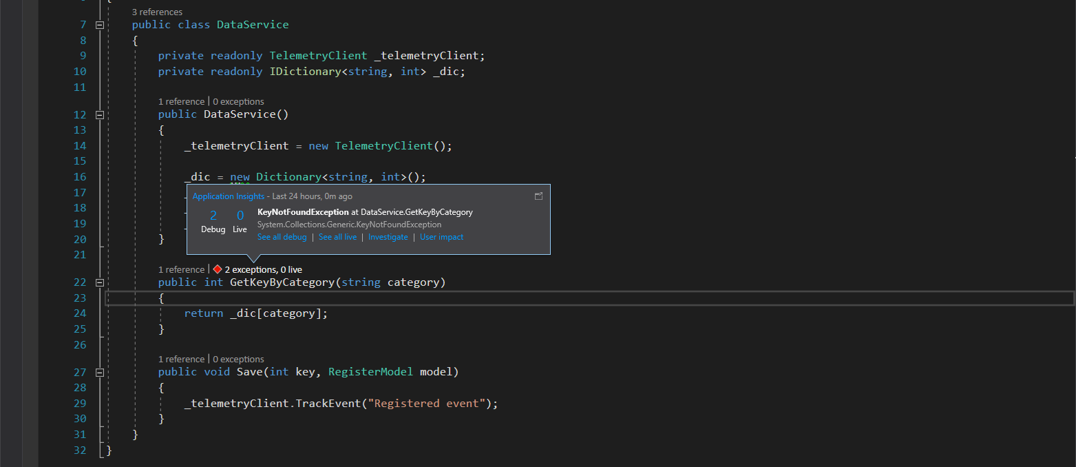 CodeLens Application Insights method exceptions