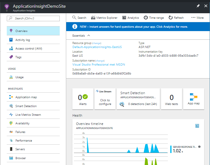 Application Insights investigate blades