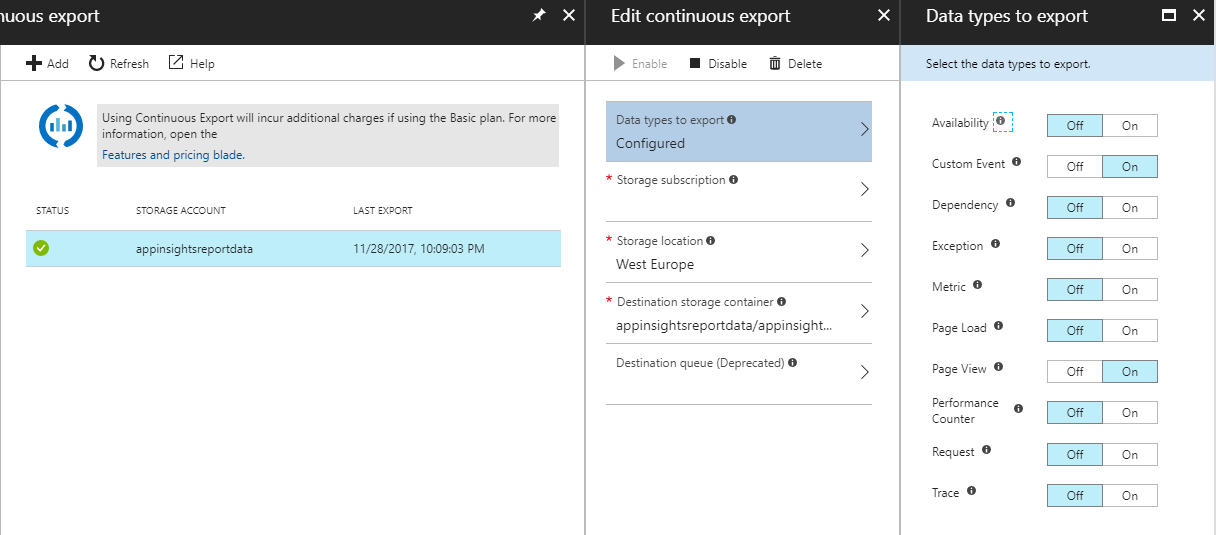 Application Insights continuous exports