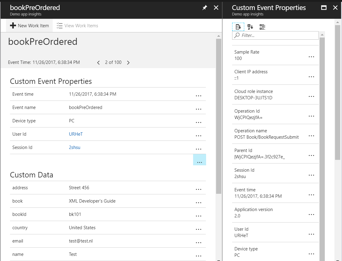 Application Insights custom event information